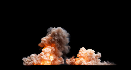 Two Isolated explosions or blasts with a significant amount of thick grey smoke rising into the air set against a black background