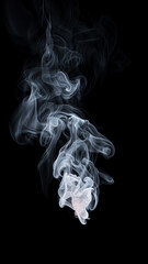 Swirling plume of smoke billowing upwards with some thicker more defined shapes in the middle and lighter at the bottom and wispy at the top on a black background