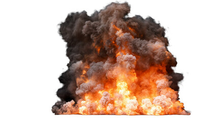 Isolated large explosion with a bright orange and yellow flame surrounded by thick dark smoke that rises and spreads upwards on a white background