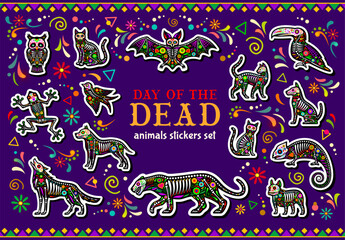 Day of the Dead mexican animal tattoo stickers, dead Halloween skeletons and calavera skulls at vector ethnic Mexico pattern background. Mexican Day of Dead dog, cat, bat and owl animal tattoos pack