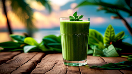 Green Smoothie on Wooden Table in Tropical Garden with Morning Light

