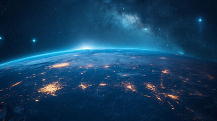 Fototapeta premium Illuminated Earth from Orbit at Dawn. Glowing networks of human activity across the planet under a starlit sky. Ideal for global connectivity, space tech, or environmental awareness campaigns.