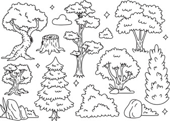 hand drawn tree doodles, forest nature sketch set, black and white tree clipart, line art woodland illustration, environment nature element collection

