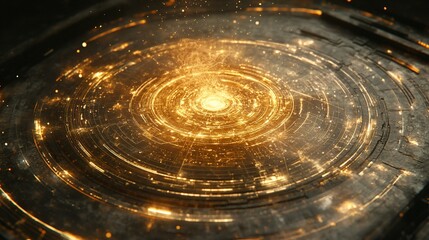 Golden, circular energy core within a technological structure