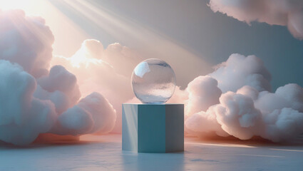 Dreamlike Glass Orb on Minimal Podium with Sun Beams and Clouds

