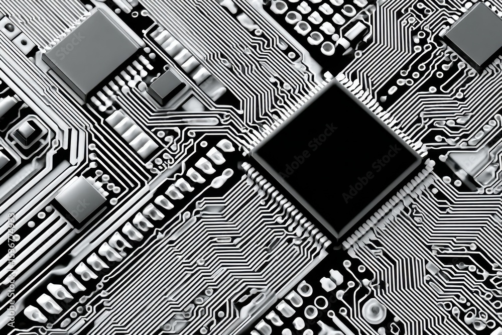 Poster monochrome motherboard close-up, illustrating technological innovation and digital transformation in
