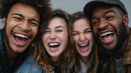 Fototapeta premium Joyful friends laughing together in a casual setting urban environment candid photography close-up perspective