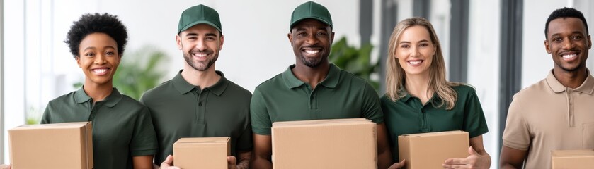 Five diverse delivery workers smiling and holding cardboard boxes, ready for package delivery.