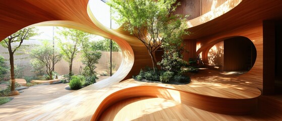 Obraz premium A modern indoor garden with curving wooden architecture, natural light, and lush greenery blending nature and design seamlessly.