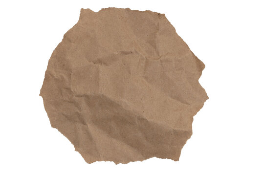 Brown butcher paper ripped and crumpled circle isolated on white