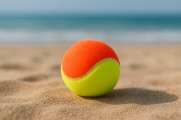 Obraz premium Brightly colored sport ball resting on sandy beach during sunny day near ocean waves