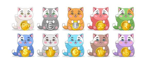 Vector set, chubby, calling monetary cats. Sitting lucky pussies with coins of different currencies. Collection of feline stickers. Bitcoin, ruble, pound, yuan, rupee, dollar, yen, euro, won and riyal