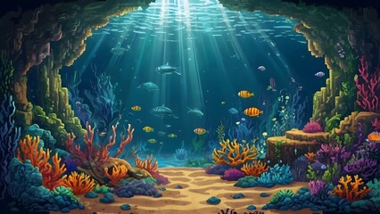 Pixel art of an underwater cave with light rays filtering through. Sharp, colorful sea plants grow near the entrance.