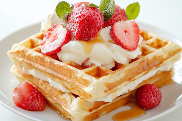 Two fluffy waffles stacked high with cream, fresh strawberries, and a drizzle of syrup make for a delightful brunch treat ready to enjoy