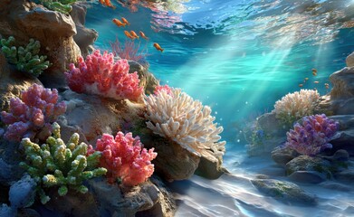 Naklejka premium Coral Reef With Tropical Fish Under Water, Representing Marine Conservation and Ocean Exploration : Generative AI