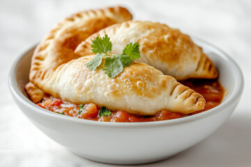 Delicious empanadas are arranged in a bowl filled with colorful salsa, garnished with fresh cilantro. Perfect for a flavorful meal or snack