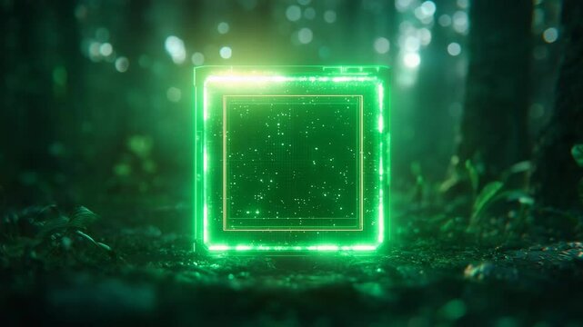 Nature conservation concept. A glowing green digital cube emits light in a mystical forest setting, blending technology with nature. Selective focus.