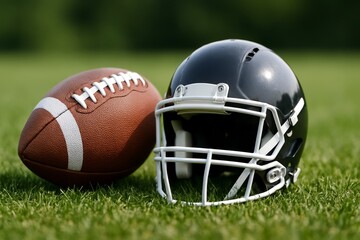 Black football helmet resting next to an official-sized football on a green field during a sunny day