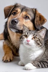 Dog and Cat Together in Studio Setting, Symbolizing Friendship and Pet Adoption : Generative AI