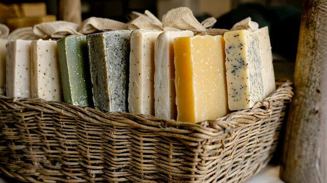Basket with colorful homemade natural handmade soaps.
