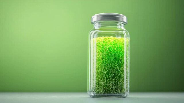 Nature conservation concept. A glass jar filled with vibrant green moss or algae stands against a smooth green background. Selective focus.