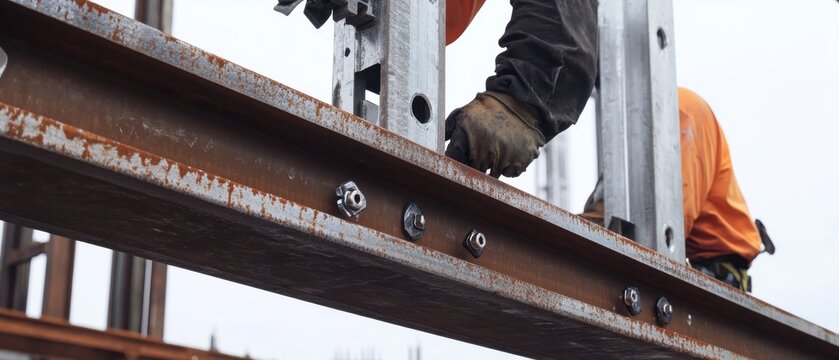 A close-up of an ironworker bolting structural steel beams together at a high-rise building construction site, High-rise steel erection scene, Structural connectivity style