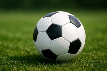 Fototapeta premium Black and white soccer ball resting on bright green grass field under clear sky in sunny weather