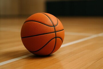 Obraz premium Basketball resting on polished wooden court surface during training session in indoor gymnasium
