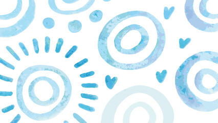 Fototapeta premium Watercolor style pattern with circles hearts and sunburst in shades of blue on a white background