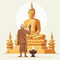 image of a person in front of a Buddha statue with a simple and minimalist flat design using a white background