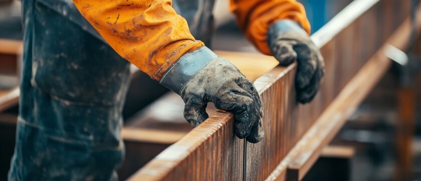 A close-up of an ironworker bolting structural steel beams together at a high-rise building construction site, High-rise steel erection scene, Structural connectivity style
