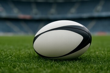 Close-up of a rugby ball resting on the green field during a sporting event at a stadium