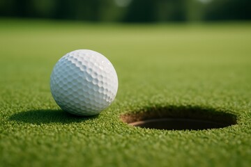 White golf ball nearing the hole on a green putting surface during afternoon play