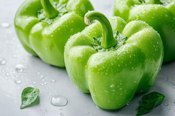 Three vibrant green bell peppers sit on a smooth surface, glistening with water droplets. The peppers are fresh, highlighting their crisp texture and vibrant color