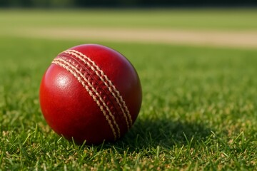 Bright red cricket ball resting on lush green grass in an outdoor sports field during daytime