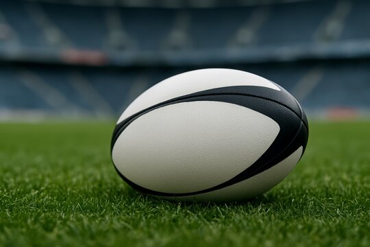 Close-up of a rugby ball resting on the green field during a sporting event at a stadium