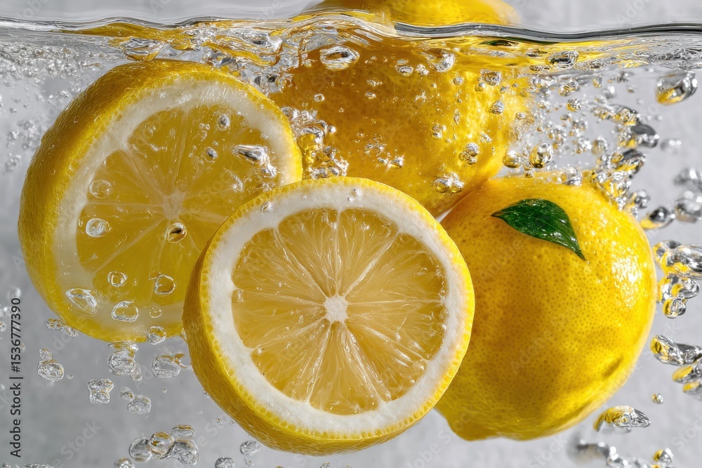 Poster fresh lemon slices submerged in water with bubbles, showcasing purity and natural refreshment for he