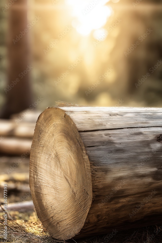 Poster close-up of a cut tree trunk in a forest clearing at sunset, representing natural resources and envi