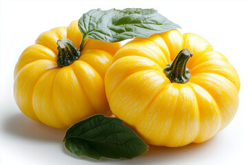 Two bright yellow squashes adorned with green leaves are arranged on a light surface, showcasing their texture and color in a kitchen atmosphere
