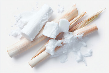 Brightly cut lemongrass stalks are placed alongside white coconut chunks, showcasing their freshness and readiness for various culinary dishes