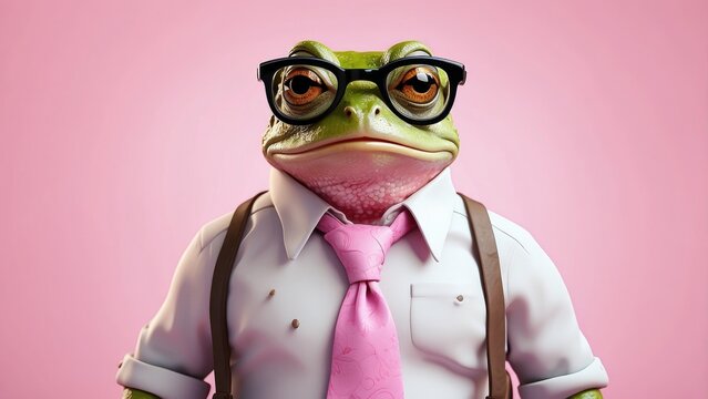 A whimsical green frog wearing large glasses and a pink dress shirt with a tie sits at a desk.