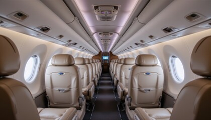 Spacious Luxurious Airplane Interior with Unoccupied Beige Leather Seats and Elegant Lighting