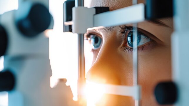 A close-up of an ophthalmologist examining a patient&rsquo;s eyes with focus on the diagnostic tools and the eye&rsquo;s detail, set against a bright, modern optometry office background