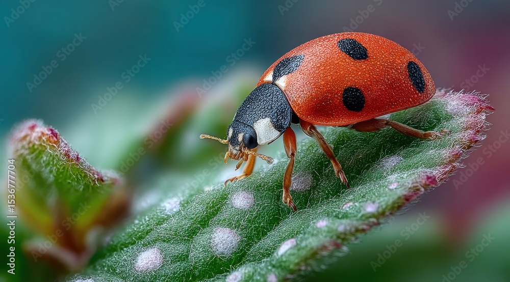 Poster Ladybug Crawling on Leaf in Macro View, Symbolizing Natural Pest Control and Garden Biodiversity : Generative AI