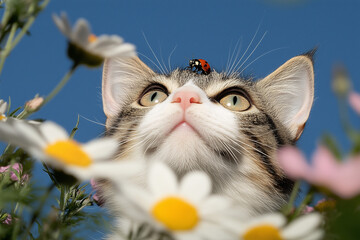 A cat looks up with wonder at the sky while a ladybug rests on its head. Surrounding the cat are colorful daisies and wildflowers under clear blue skies