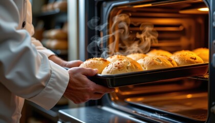 Baker Carefully Removing Freshly Baked Golden Bread Rolls from Oven in Cozy Kitchen