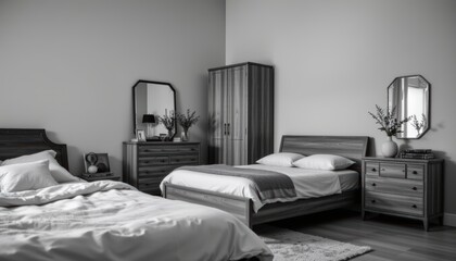 Cozy Minimalist Bedroom Interior Featuring Wooden Furniture and Soft Bedding in Monochrome Palette
