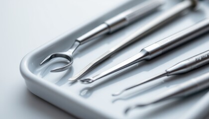 Close-Up of Dental Surgical Instruments on a Clean White Tray in a Clinical Setting
