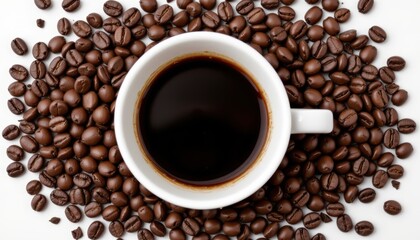 Cup of Black Coffee Surrounded by Roasted Coffee Beans on a White Background