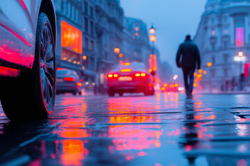 Rain-soaked city street features vibrant reflections and a lone pedestrian walking amid parked cars and glowing storefronts in the background